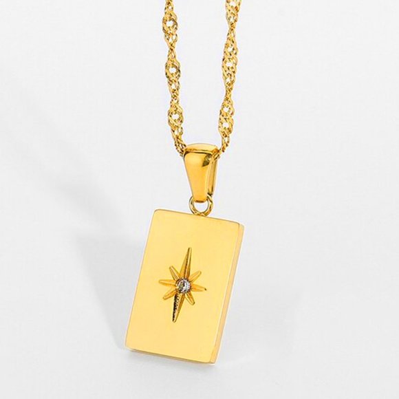 Boutique Jewelry - Star Zircon PVD 18K Gold Plated Rectangle Pendant Necklace Stainless Ste…